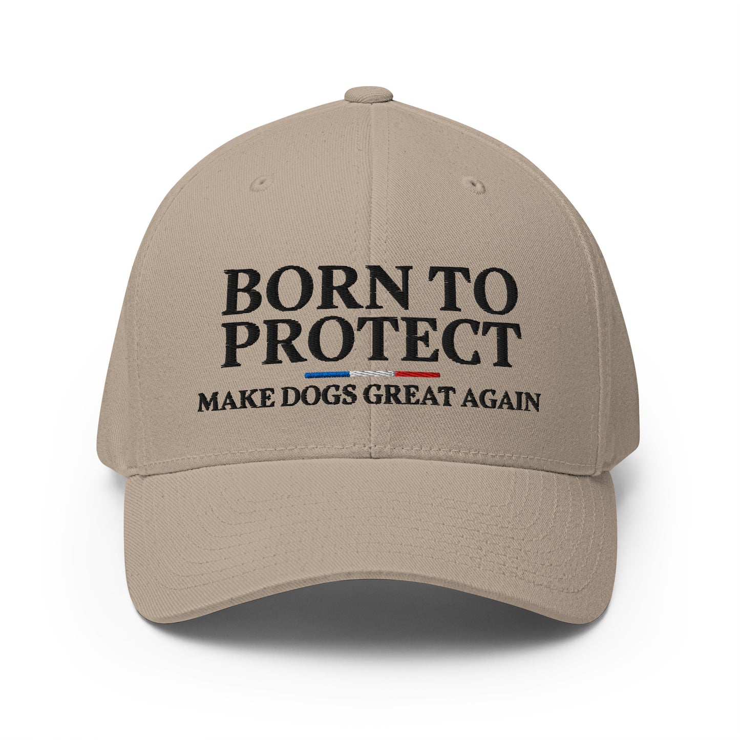 Casquette sable Born to Protect Make Dogs Great Again, logo Werwolf K9 brodé noir et drapeau français.