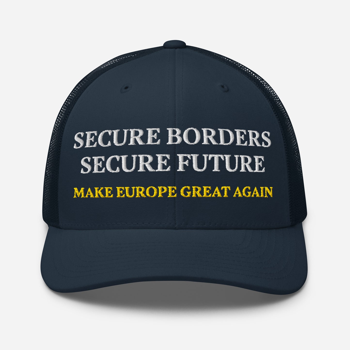 Casquette Make Europe Great Again - Secure Borders Secure Future - Marine avec broderie blanche et jaune, style Trucker ajustable