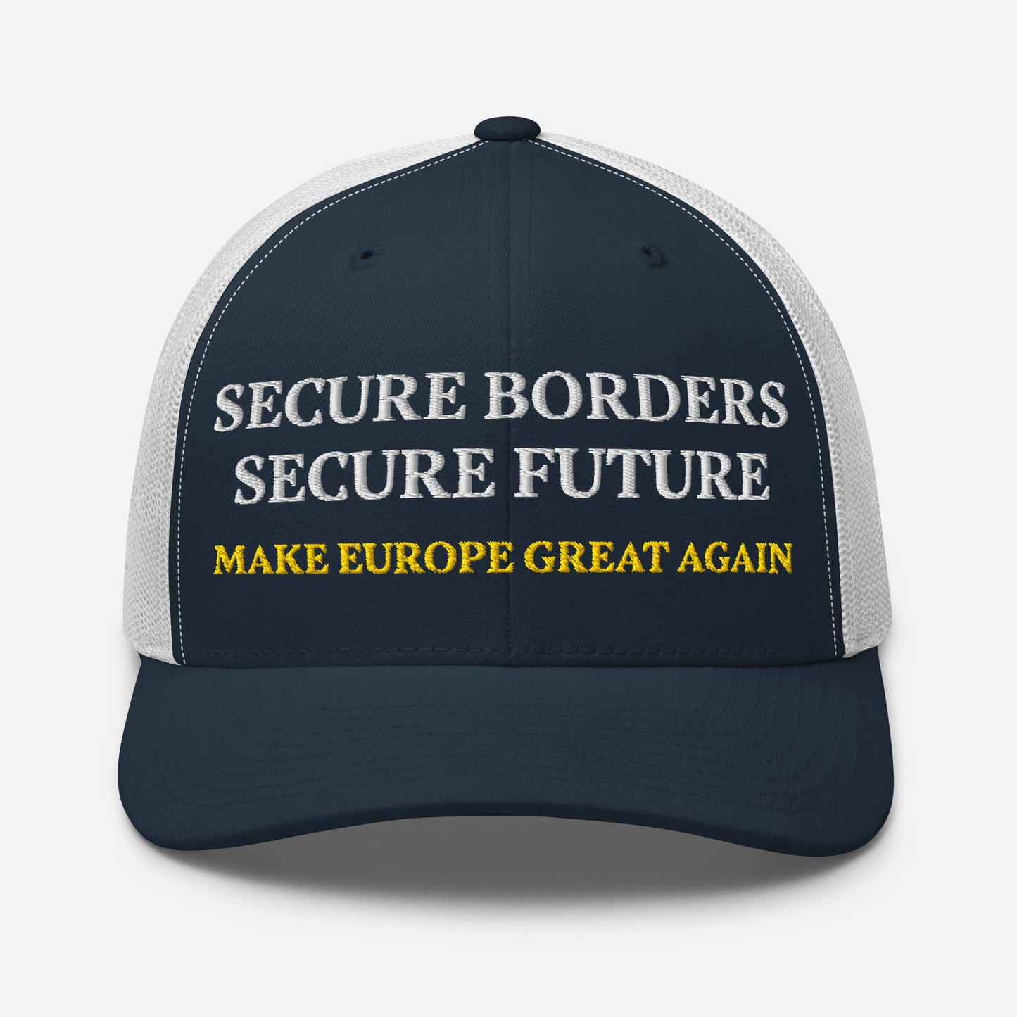 Casquette Make Europe Great Again - Secure Borders Secure Future - Marine et Blanc, Style Trucker Ajustable avec Broderie Jaune et Blanche