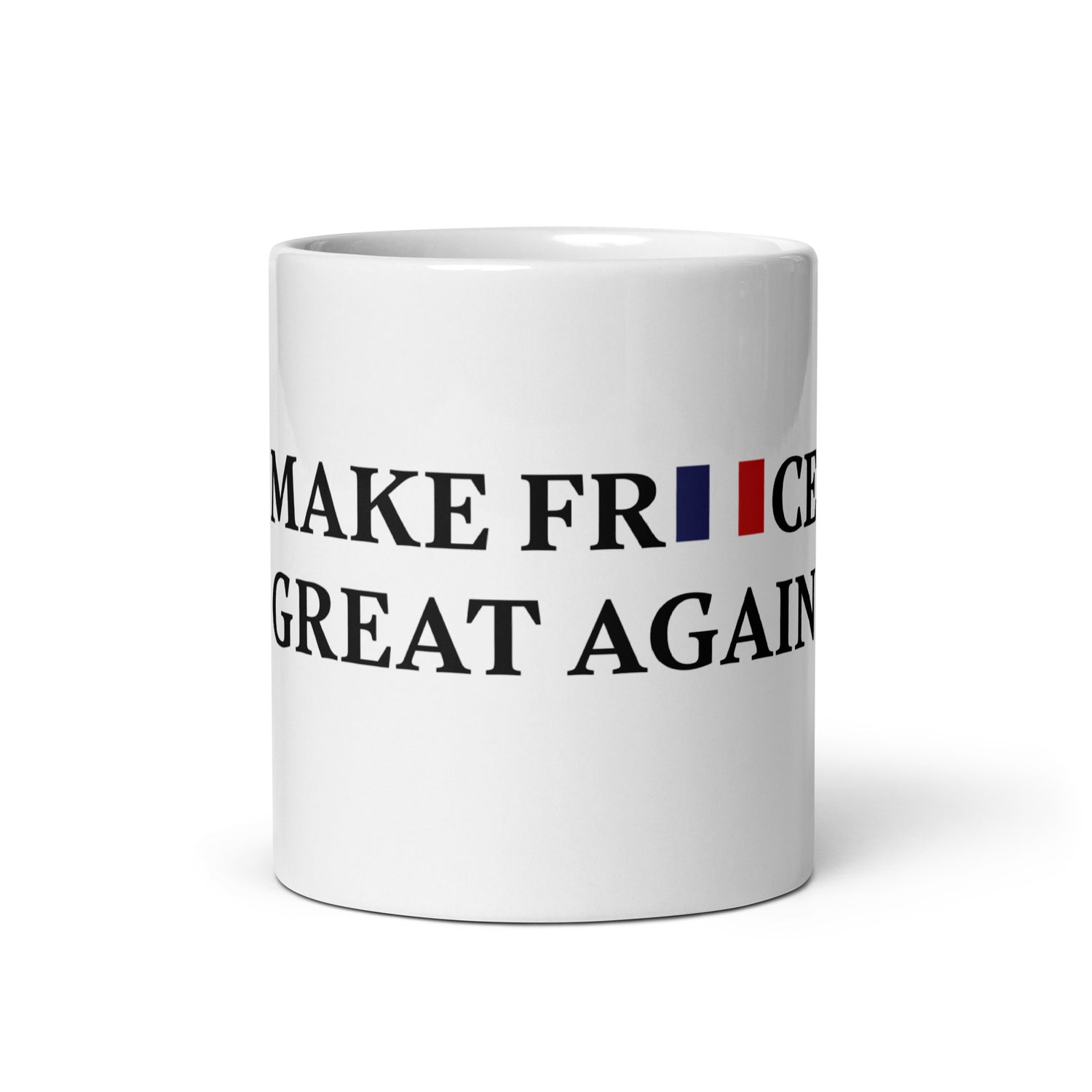 Mug blanc "Make France Great Again" – Écriture noire et drapeau français, parfait pour afficher votre fierté nationale au quotidien.