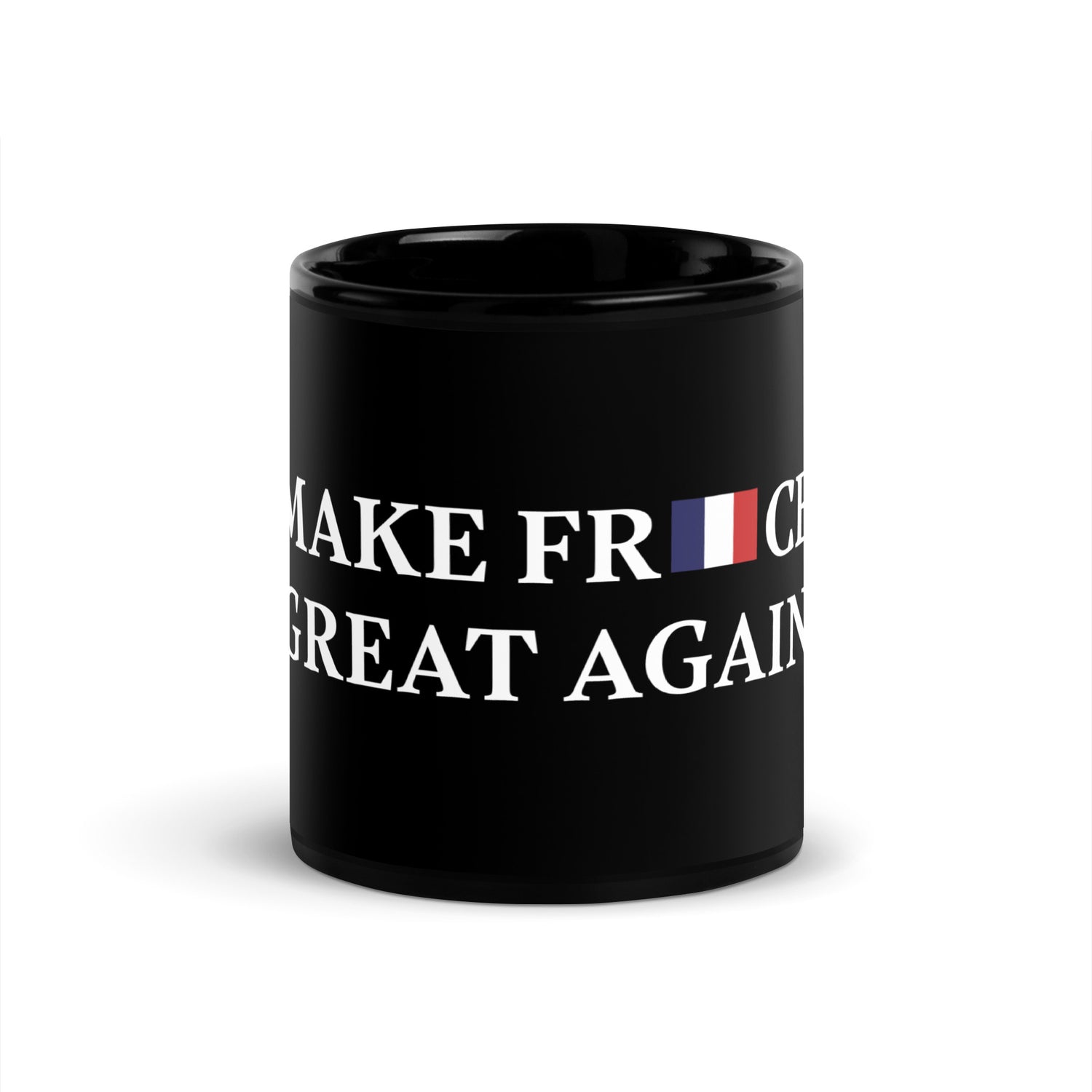 Mug noir en céramique avec inscription "Make France Great Again" en blanc et drapeau français. Design élégant et résistant, idéal pour café ou thé