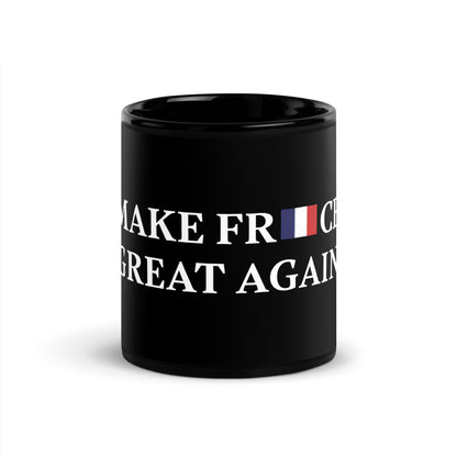 Mug noir en céramique avec inscription "Make France Great Again" en blanc et drapeau français. Design élégant et résistant, idéal pour café ou thé